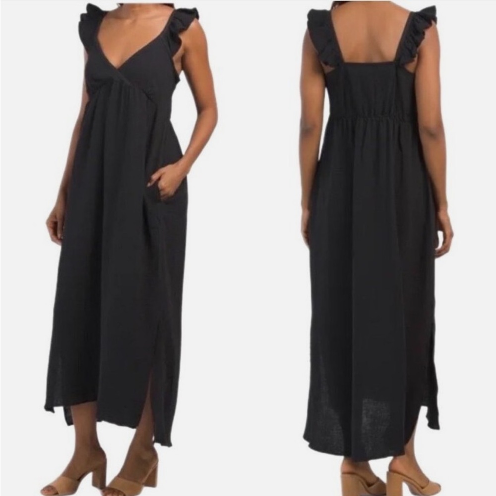 NWT Magaschoni Black Ruffle Strap VNeck Maxi Dress Sleeveless Organic Cotton L/G